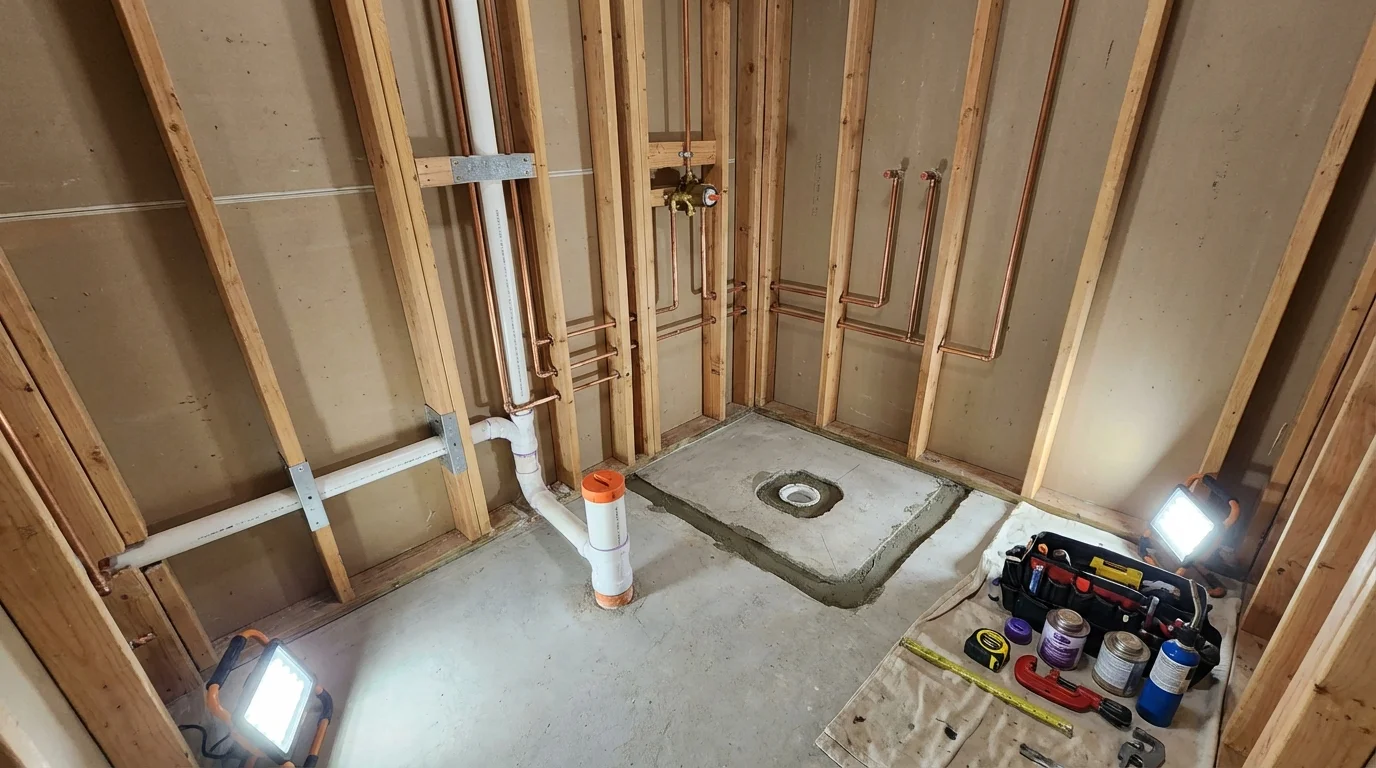 Bathroom rough-in plumbing during remodel by Johns Plumbing LLC in Oakley