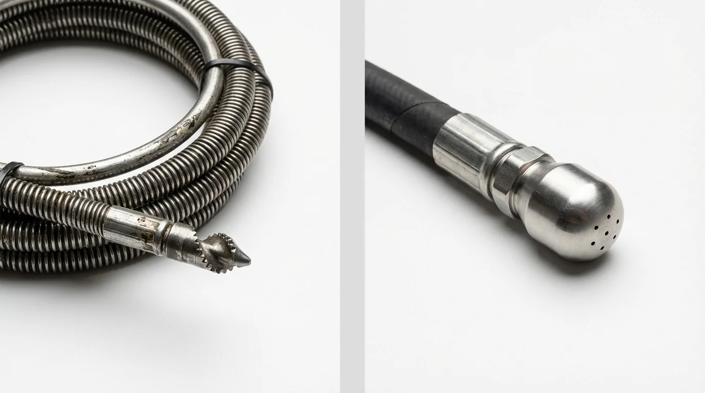 Drain snake cable and hydro jetting nozzle used for drain cleaning in Oakley, CA
