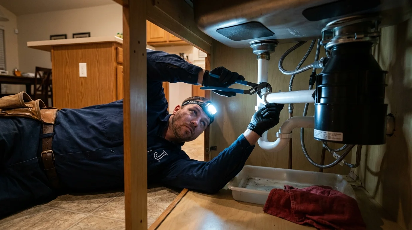 P-trap and supply line connections under a kitchen sink showing a common leak point in Oakley, CA